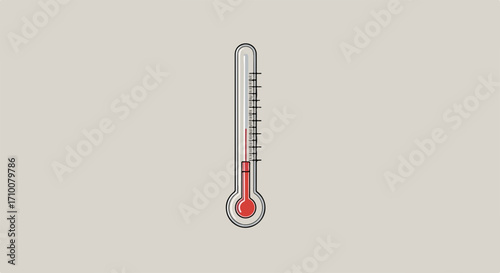 Thermometer displays a reading with liquid showing current temperature. Thermometer displays a classic mercury thermometer and shows temperature in degrees.