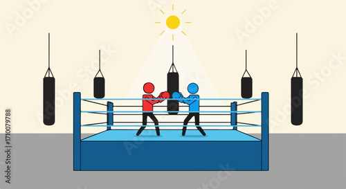 Boxing match in arena with two opponents facing each other near black hanging punching bags. Boxing match demonstrates training with protective gloves and headgear.