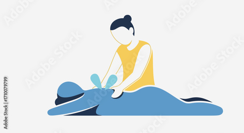 Person receiving massage in spa, professional treatment with hands on back. Massage provides relaxation, reduces muscle tension, and improves well-being.