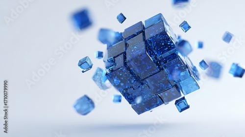 Abstract blue cubic structure with floating blocks in a digital space