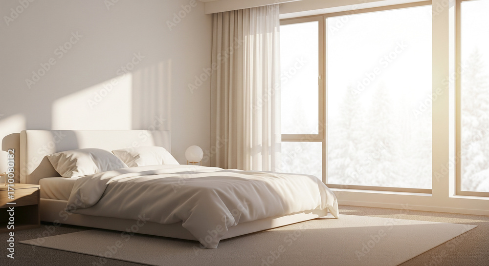 Fototapeta premium Minimalist Bedroom with Snowy Forest View