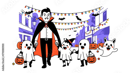 Halloween Delight: A spirited illustration depicts a vampire and a joyful group of trick-or-treaters, including ghosts and a witch, parading along a street illuminated by festive string lights. 