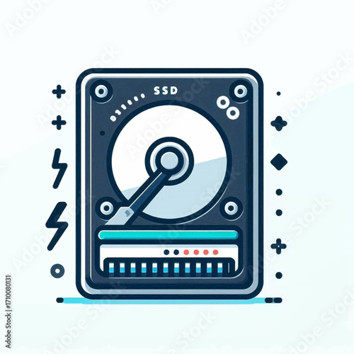 Illustration of a bluetoned SSD with a stylized design icons and embellishments on a pale backdrop
