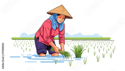 Rice Farmer at Work: A diligent farmer wearing a traditional conical hat, immersed in the nurturing rhythm of the rice field, carefully tends to the vital crops.