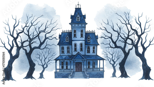 Watercolor illustration of a haunted house with bare trees isolated on transparent background