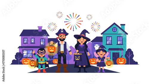 Halloween Night Celebration: A family dressed in delightful costumes, eagerly venturing into a festive neighborhood on Halloween night.