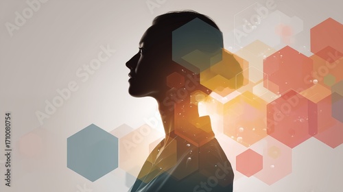 Profile silhouette of confident businesswoman with abstract hexagon bokeh and bright sunlight double exposure symbolizing innovation creativity leadership success and modern professional mindset