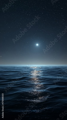 Starlit night over calm ocean with moon reflecting on water surface