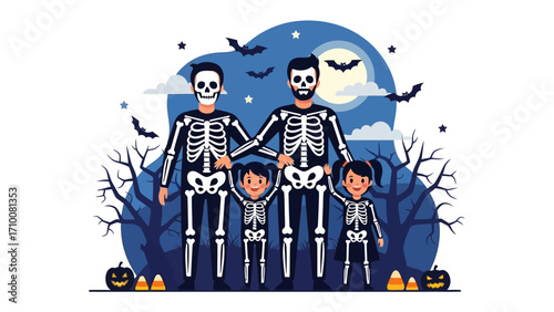 Spooky Family Halloween: An illustration of a family, embracing the eerie excitement of Halloween, their skeletal attire against a haunted night scene. 