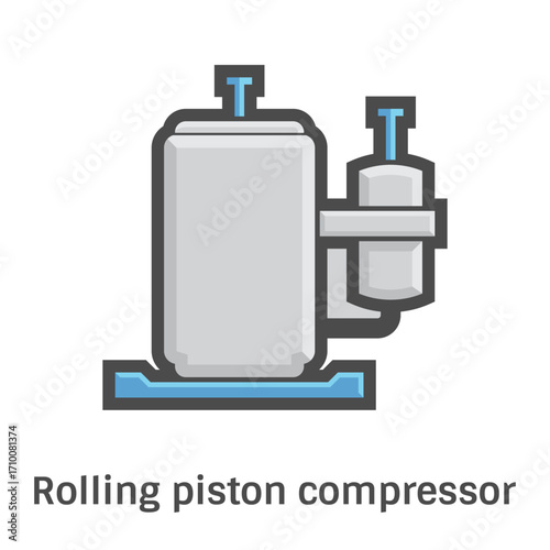 Piston compressor vector icon. Known as reciprocating compressor. Type of air compressor for compressing air, gas or refrigerant. Visuals related to HVAC systems, automotive technology.