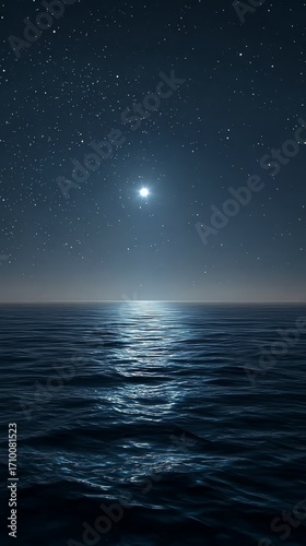 Nighttime ocean view with starry sky and moonlight reflecting on water
