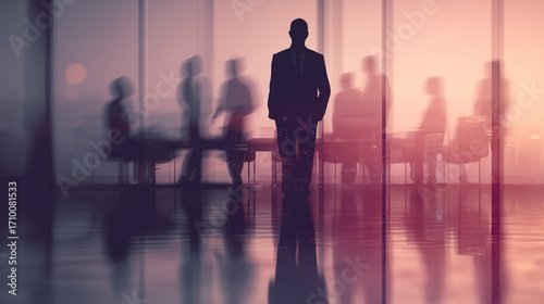 Silhouette of Businessman in Modern Office with Meeting Reflections