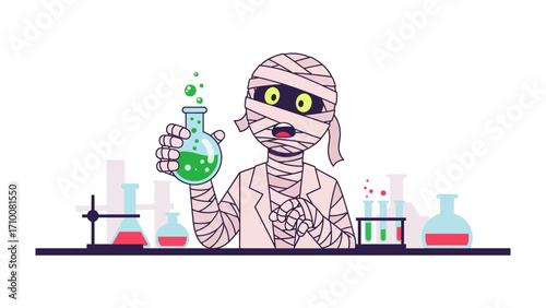 Scientific Mummy's Concoction: A wrapped scientist in a lab coat carefully holds a flask of bubbling, vibrant green liquid, hinting at the unpredictable nature of scientific experiments.