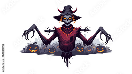 Spooky Scarecrow and Halloween Night: A chilling illustration of a scarecrow amidst a glowing pumpkin patch, evoking a sense of mystery and the supernatural.