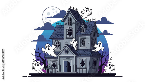 Spooky Haunted House Illustration: A haunting illustration of a spooky mansion, complete with ghosts, creates a spine-chilling ambiance, a full moon hangs overhead.