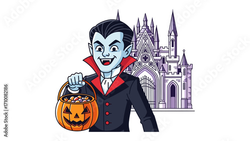 Halloween Vampire Illustration: An artistic portrayal of a charming vampire with a Halloween pumpkin basket, with a Gothic castle looming in the background, creating a thematic atmosphere.