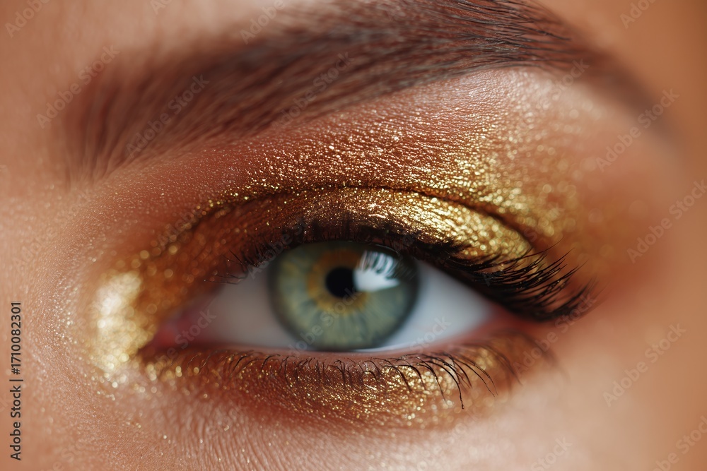 Obraz premium Beauty macro close-up of eye makeup with metallic shimmer, artistic stock beauty trend