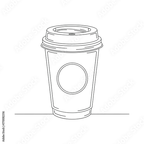 Vector art of minimalist line drawing of a disposable coffee cup with a lid, suitable for hot beverages, in a simple and clean style