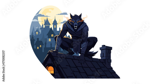 Werewolf on the Rooftop: A chilling, illustration of a werewolf perched atop a shadowy rooftop, bathed in the eerie glow of a full moon against a backdrop of gothic architecture.