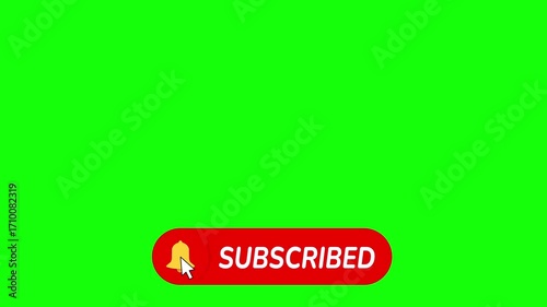 Red and white buttons for like, subscribe, and notifications rise upward. Finger cursor clicks each icon, switching text to subscribed. Green screen, 4K loop animation.