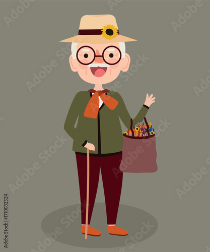 Warming Season Illustration with Grandfather Holding Shopping Bag at Pumpkins