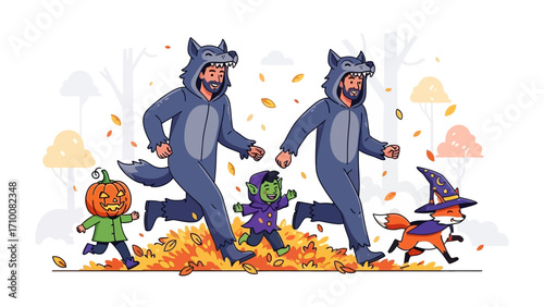Whimsical Halloween Run: In a vibrant illustration, a playful scene unfolds with a group of costumed characters embarking on an energetic run through a colorful autumn landscape.