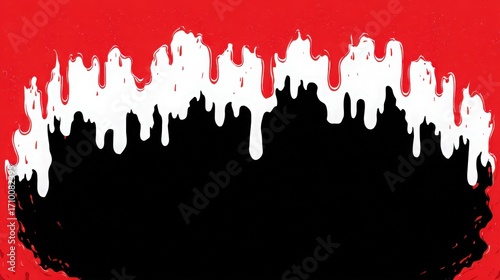 An abstract design featuring a bold red background with white drip effects atop a deep black base.