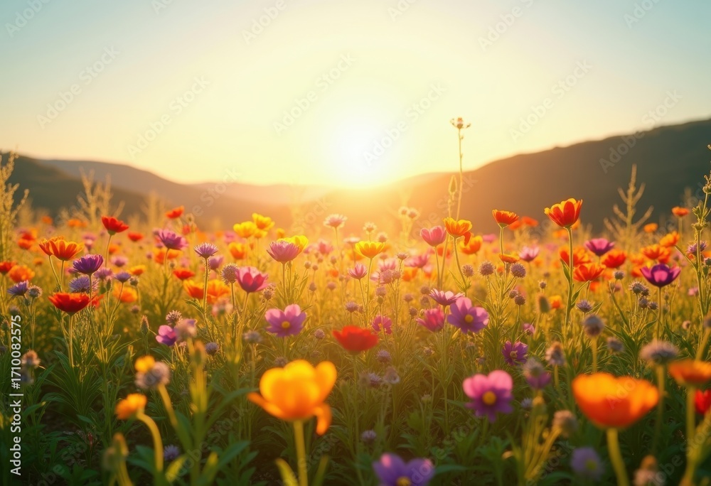 Obraz premium Vibrant Colorful Wildflowers Blooming in a Sunlit Meadow Nature Landscape Radiating Joy and Beauty