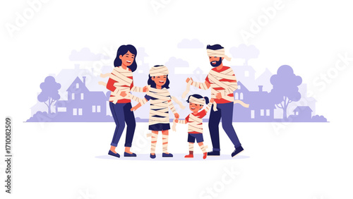 Mummy Family in Halloween: A family dressed as mummies, creating a unique and amusing Halloween scene. The scene portrays the spirit of Halloween, emphasizing creativity and joy.