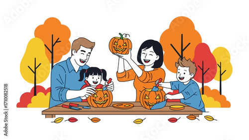 Family Carving Pumpkins: A lively family shares laughter and creativity as they carve pumpkins, surrounded by the vibrant colors of autumn.