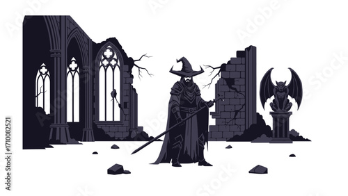 Dark Magician in Ruin: A formidable magician stands amidst the ruins of an ancient cathedral, radiating an aura of mystery and power. Clad in flowing robes and a pointed hat.