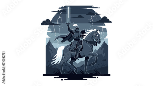 Mythic Rider and the Storm: A valiant knight on horseback charges through a raging storm, his illuminated sword piercing the stormy sky. This digital artwork evokes epic fantasy.