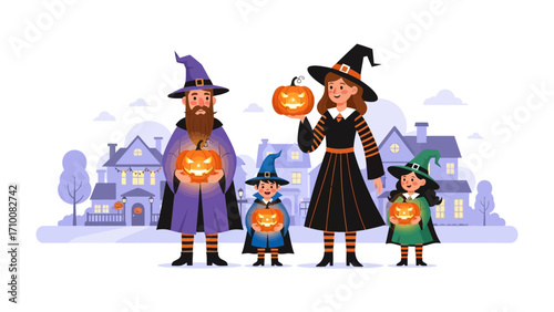 Halloween Family Festivities: A charming family dressed in festive attire, adorned with witch hats and carrying carved pumpkins, stands before a quaint neighborhood.