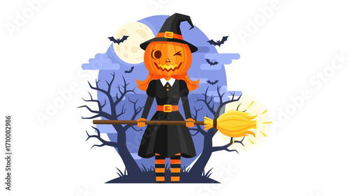 Enchanting Halloween Witch: A whimsical Halloween scene featuring a smiling witch character crafted from a pumpkin, brandishing a glowing broomstick, set against a moonlit night.