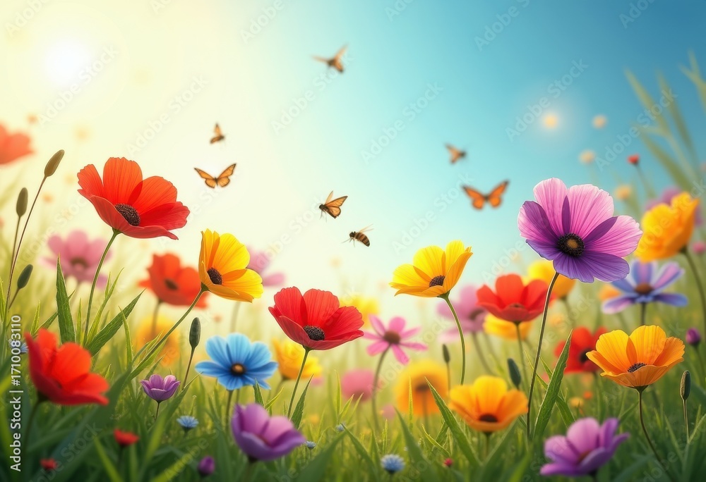 Fototapeta premium Vibrant Colorful Wildflowers Blooming in Sunlit Meadow Exuding Natural Beauty and Serenity