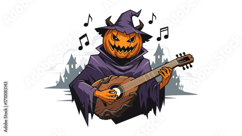 Spooky Serenade: An illustrative pumpkin-headed figure, adorned in a witch's hat and cloak, strums a vintage guitar, surrounded by musical notes and a foreboding silhouette of a castle.