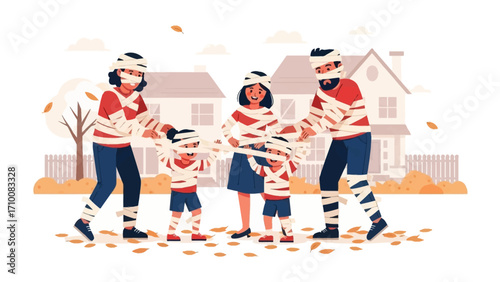 Mummy Family Halloween: A family, adorned in mummy costumes, stands in front of a house. The leaves scattered around evoke the essence of autumn and celebration of the season.