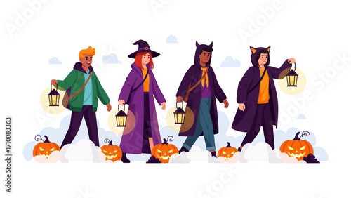 Halloween Parade: A lively illustration of four friends in festive costumes, gleefully carrying lanterns through a vibrant Halloween celebration. 