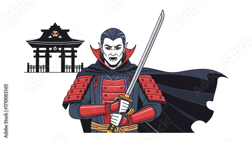 Vampire Samurai Warrior: A fierce vampire samurai warrior, poised with a gleaming katana and silhouetted Japanese gate against a stark background.