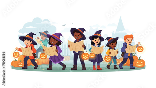 Halloween Adventure: A group of diverse children, dressed as witches and wizards, embark on a spooky Halloween adventure, guided by maps and illuminated by jack-o'-lanterns.