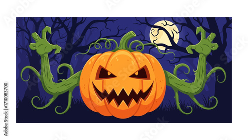 Halloween's Enthralling Scene: An eerie illustration featuring a monstrous pumpkin character surrounded by twisted trees under a full moon in a haunting night scene.