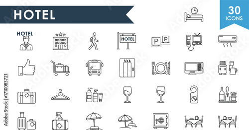 Hotel icons,  travel symbols, hotel  concierge, luggage, room service, vacation, booking, tourism, reception, minibar, , safe box, beach chair, dining, keycard, hotel building, do not disturb