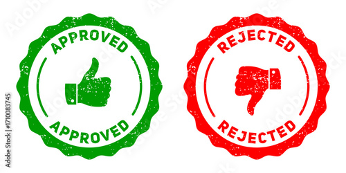 Green thumbs up approved seal and red thumbs down rejected seal icons isolated on transparent background