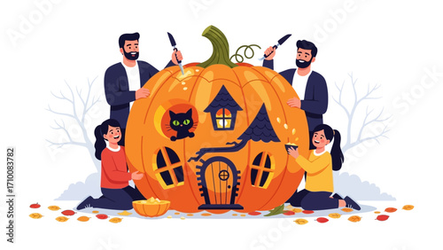 Family Halloween: A family comes together to create a spooky, festive Halloween jack-o'-lantern, featuring a smiling carved face and playful ghost cutouts. Embodying creativity, togetherness.