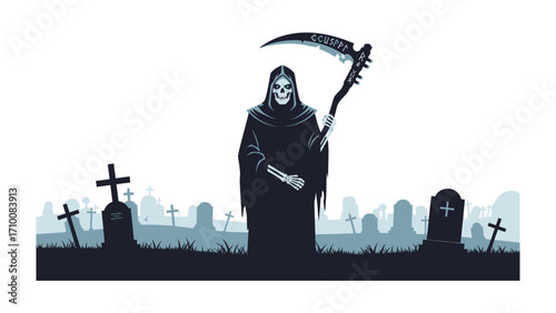 Grim Reaper in the Graveyard: An ominous figure, cloaked and hooded, stands amongst weathered tombstones, a symbol of mortality and the inevitable passage of time.