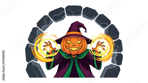 Spooky Pumpkin Wizard: A vibrant illustration features a pumpkin-headed wizard emanating mystical orbs of energy, framed by an archway of imposing stone, and evokes the enchantment of Halloween.