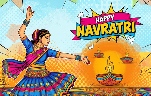 Navratri poster- poster with garba dancers with dandiya in hands and 'Happy Navratri' typography