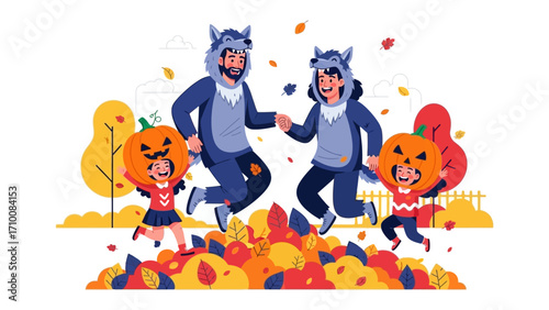 Spooky Family Fun: An illustrated Halloween scene of a family in matching wolf costumes, jumping excitedly amidst a pile of colorful autumn leaves, adorned with pumpkin-headed children.