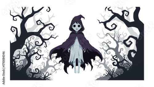 Eerie Specter in a Spooky Grove: A spectral figure emerges from a forest of gnarled, silhouetted trees, casting an air of mystery and hinting at the supernatural realm.