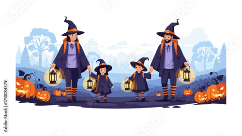 Halloween Witch Family Gathering: a family dresses in Halloween witch costumes holding lanterns. The spooky pumpkins decorate the beautiful day and night.